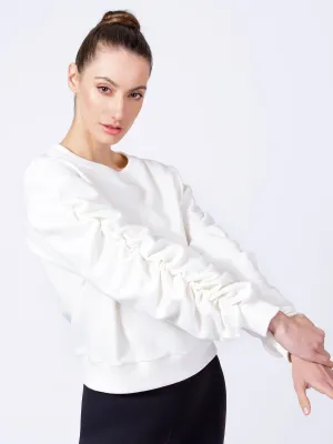 RUCHED RUNWAY SWEATSHIRT, WHITE