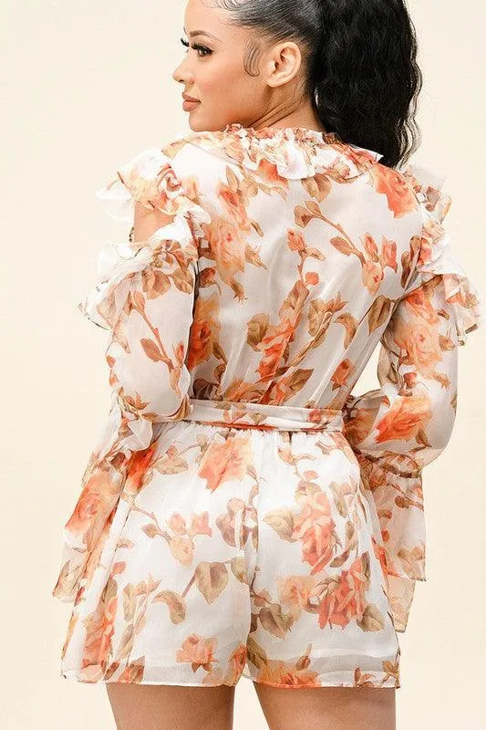 RUFFLED SLEEVE FLORAL PRINT ROMPER
