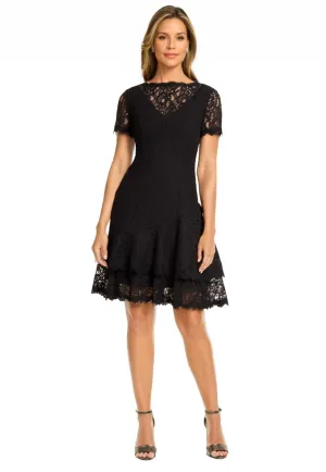 Short-Sleeve Double Ruffle Lace Dress in Black