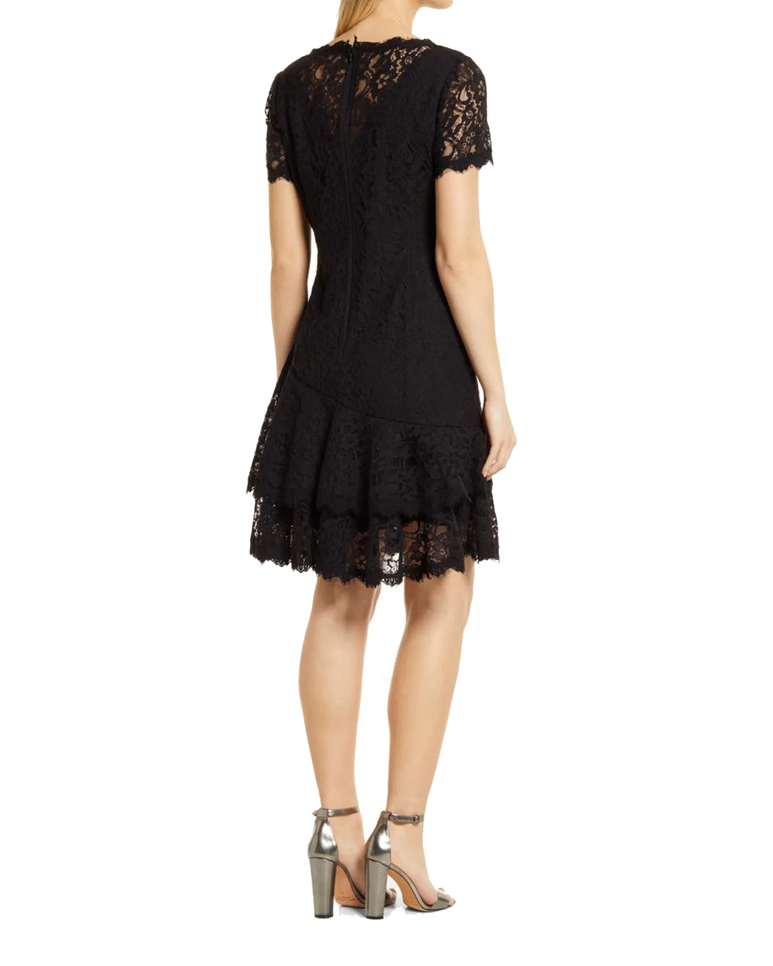 Short-Sleeve Double Ruffle Lace Dress in Black