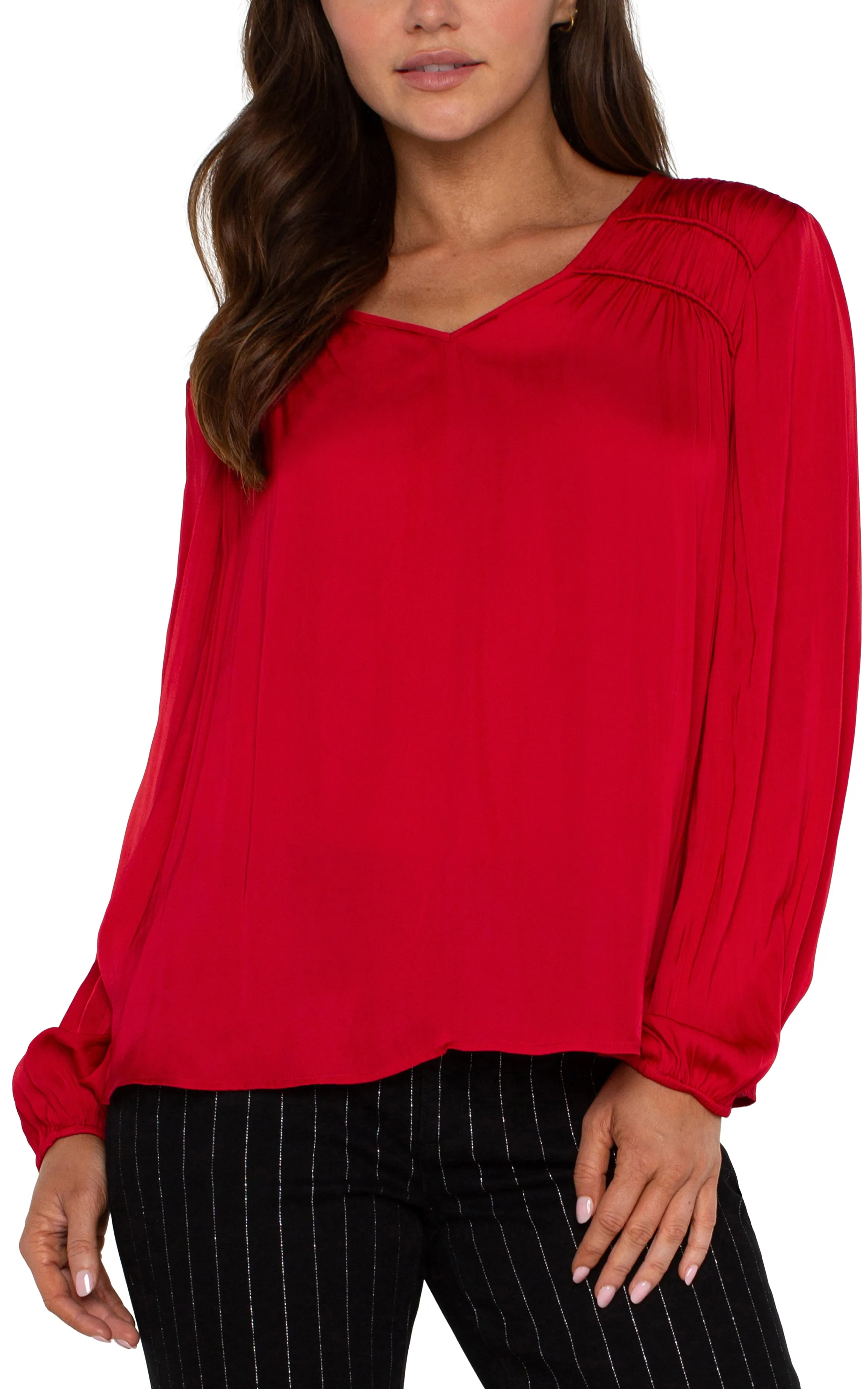Silky Long Slv V Neck Top w Gathered Shoulder Detail