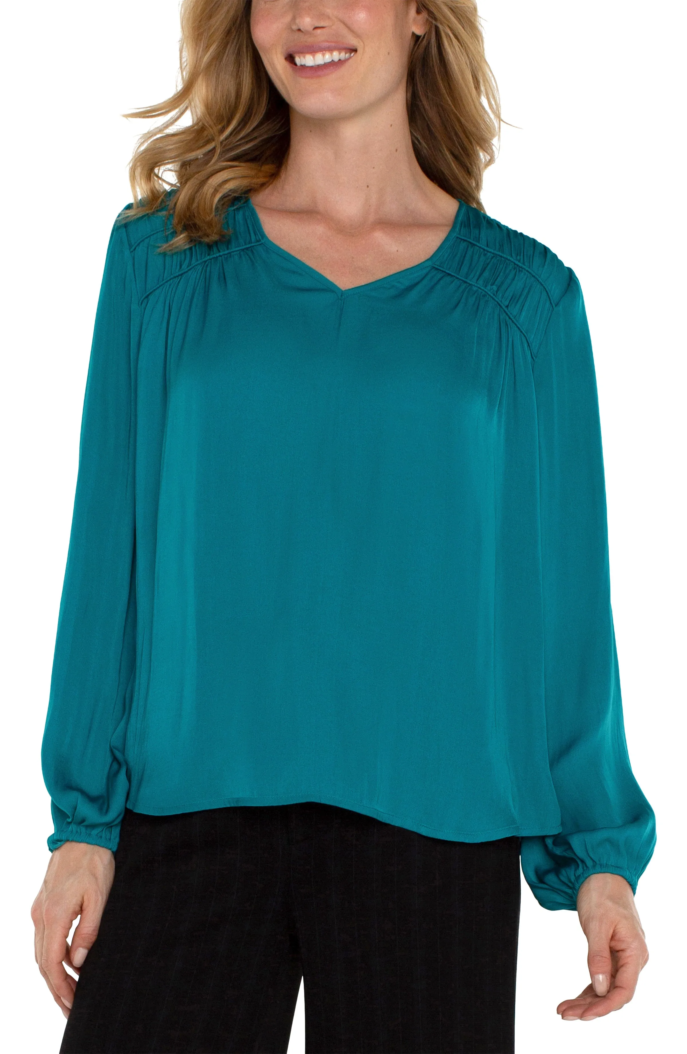 Silky Long Slv V Neck Top w Gathered Shoulder Detail