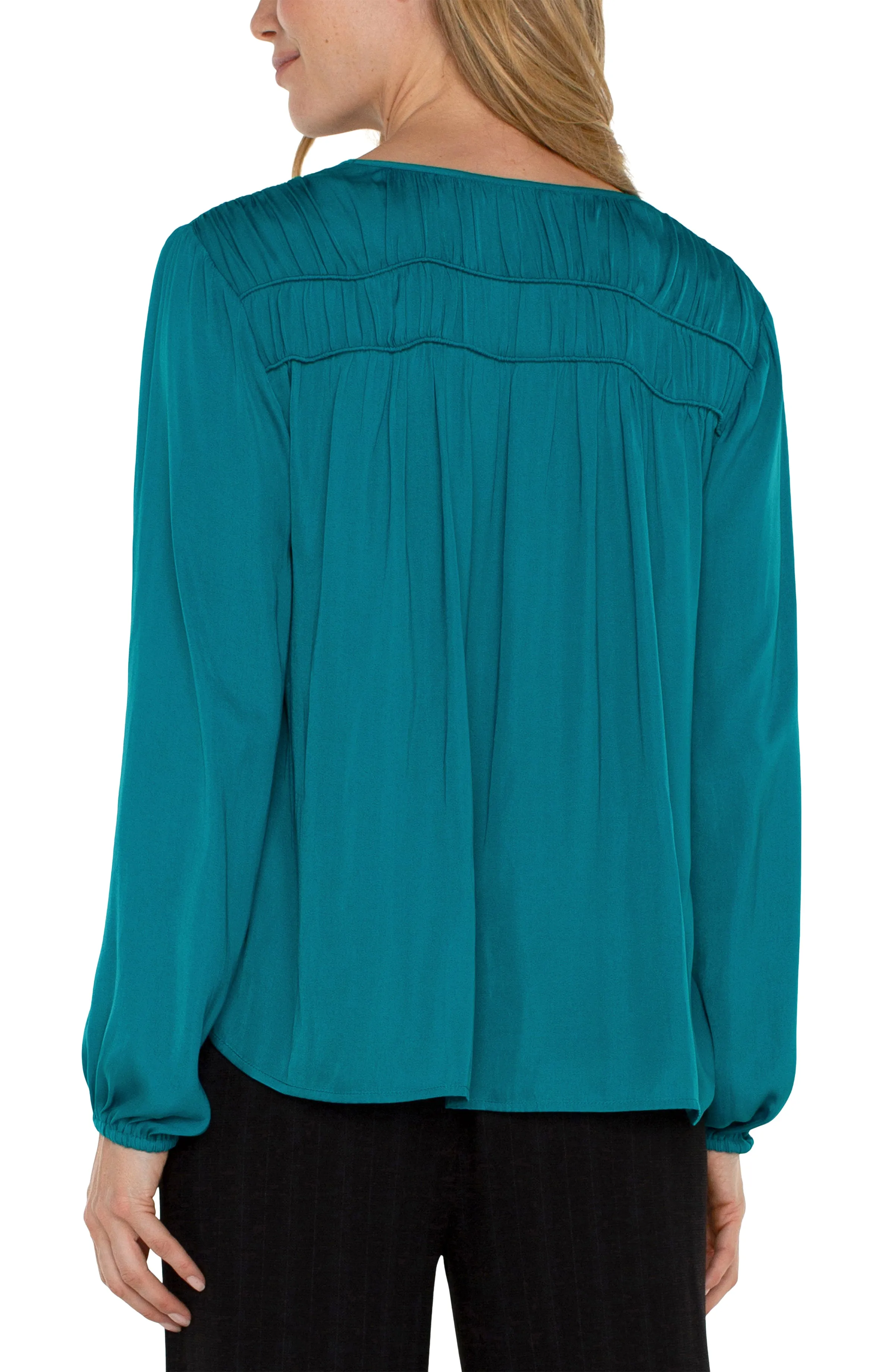 Silky Long Slv V Neck Top w Gathered Shoulder Detail