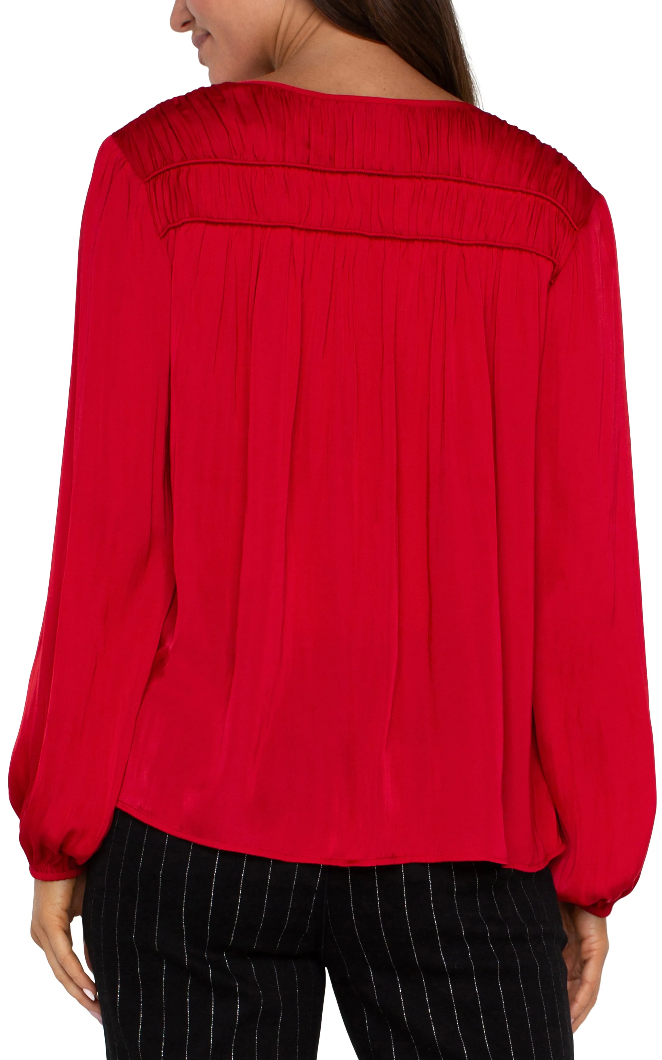 Silky Long Slv V Neck Top w Gathered Shoulder Detail