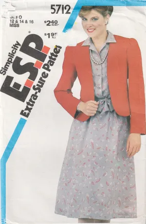 Simplicity 5712 Womens Pullover Dress Jacket & Sash 1980s Vintage Sewing Pattern Size 12 - 16 UNCUT Factory Folded