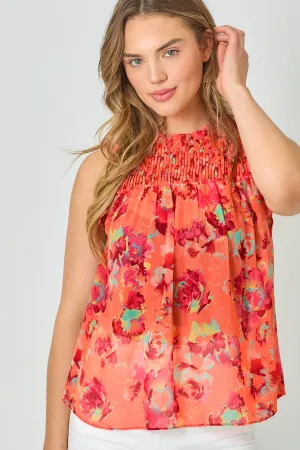 Sleeveless Ruffled Floral Print Top: Tomato