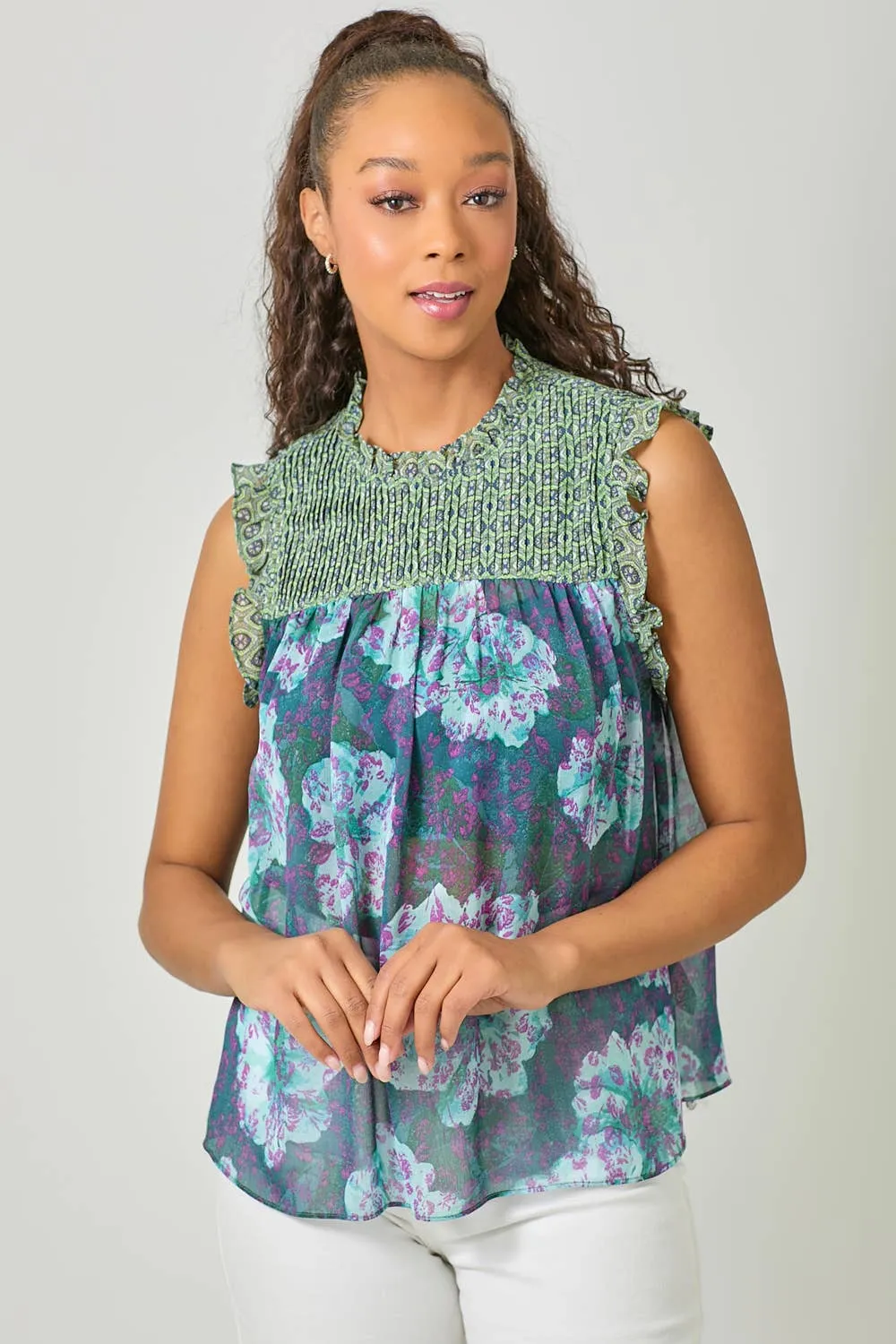 Sleeveless Ruffled Floral Print Top: Tomato