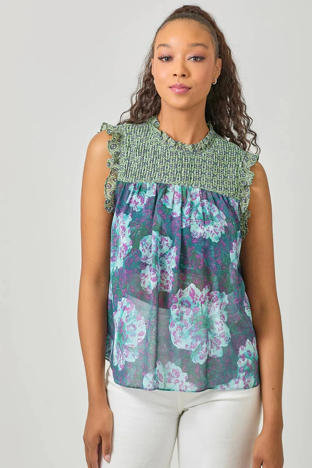 Sleeveless Ruffled Floral Print Top: Tomato