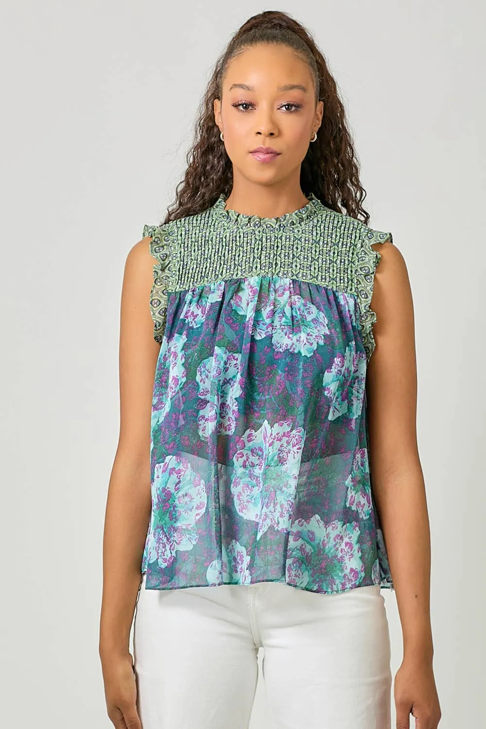 Sleeveless Ruffled Floral Print Top: Tomato