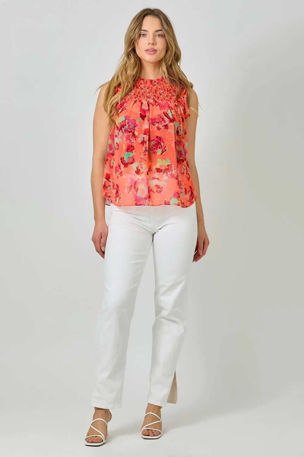 Sleeveless Ruffled Floral Print Top: Tomato