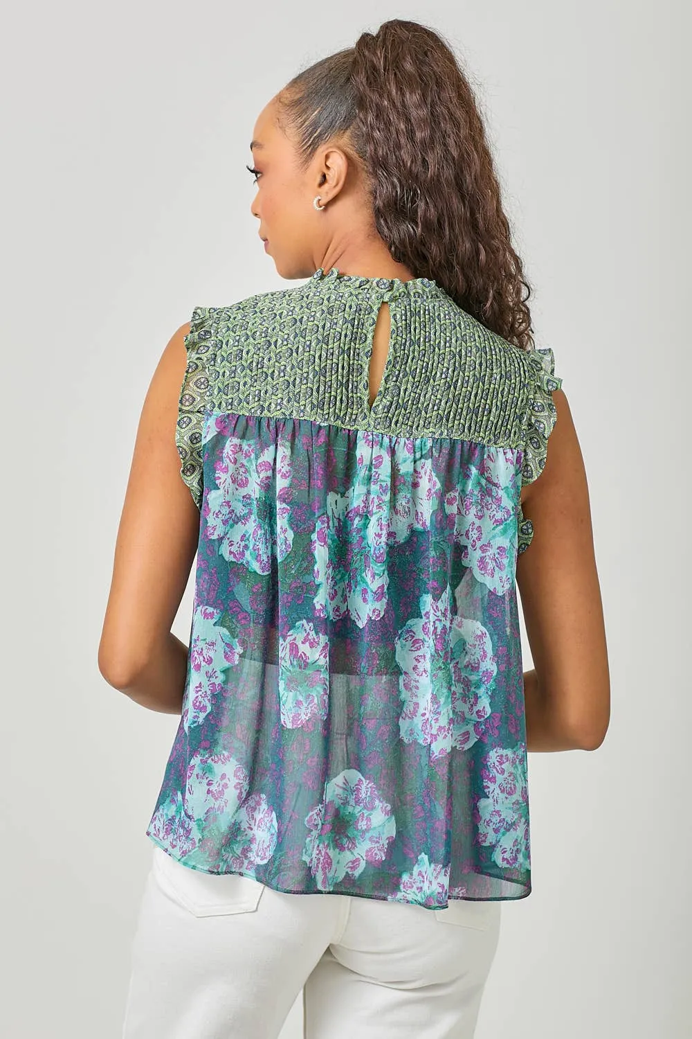 Sleeveless Ruffled Floral Print Top: Tomato