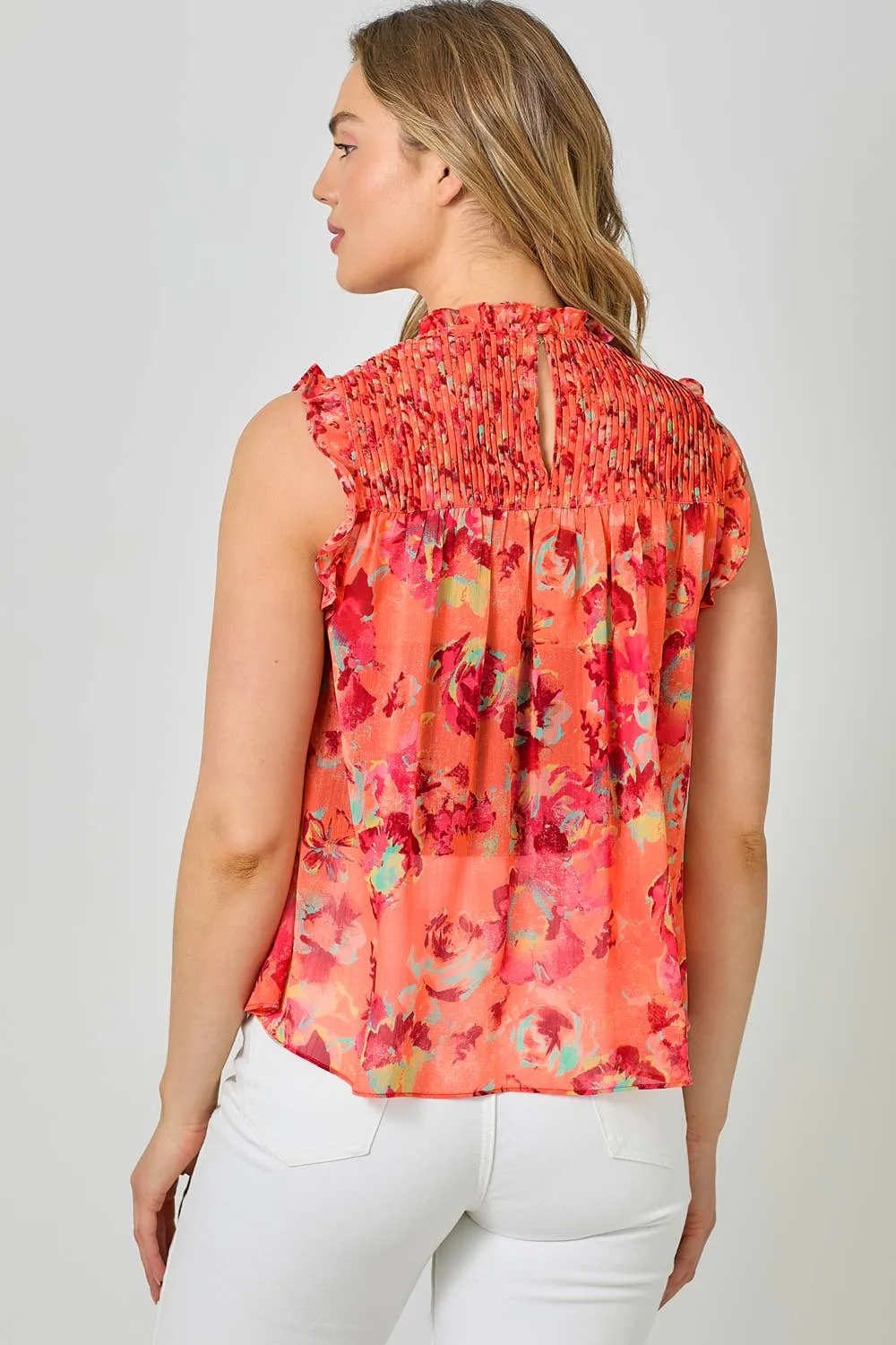 Sleeveless Ruffled Floral Print Top: Tomato