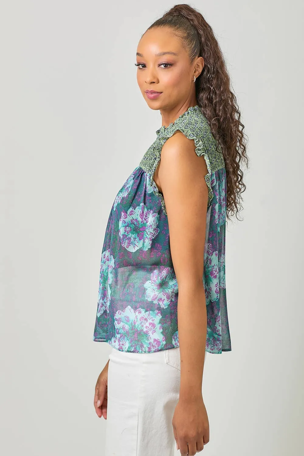 Sleeveless Ruffled Floral Print Top: Tomato