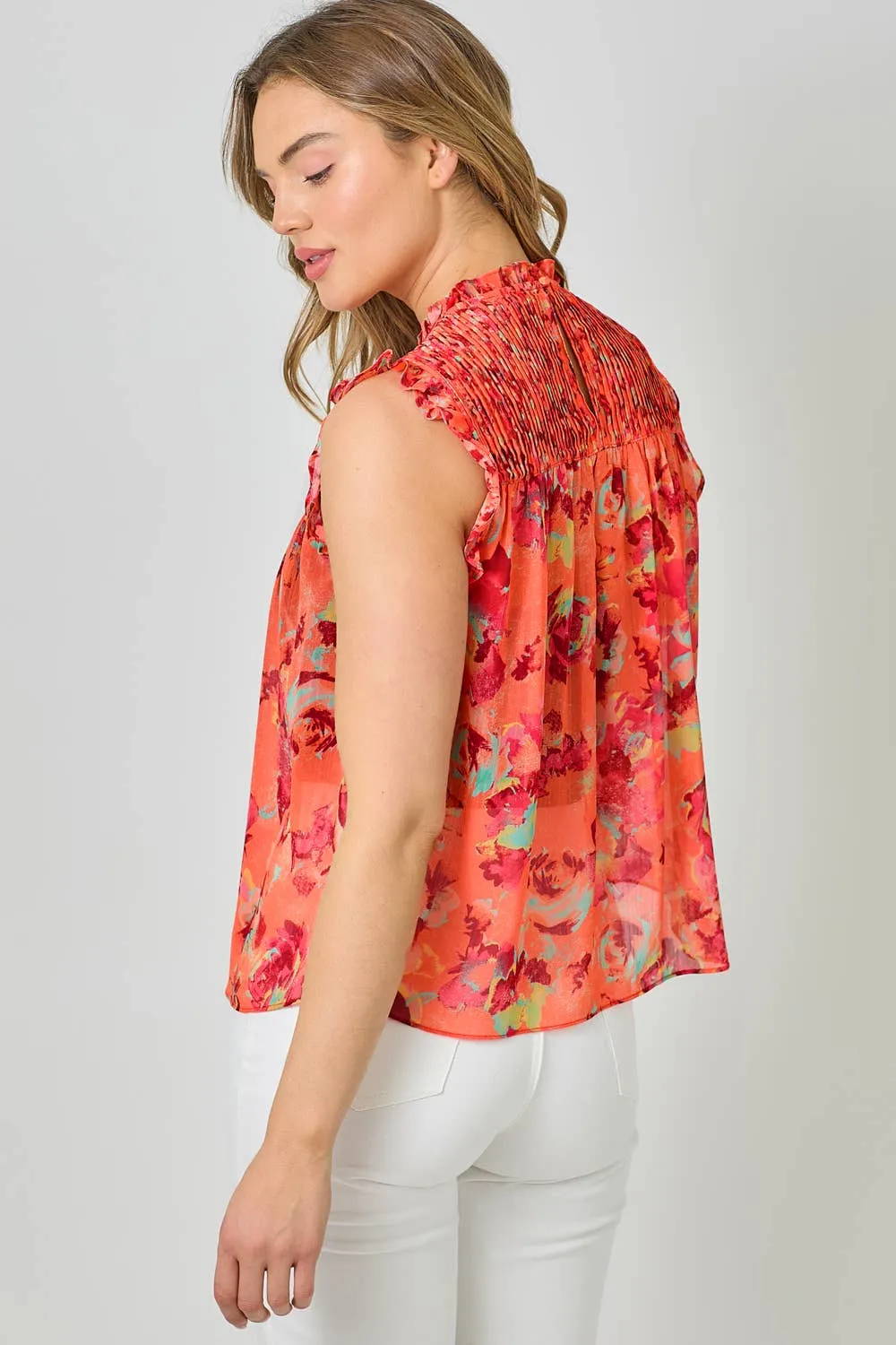 Sleeveless Ruffled Floral Print Top: Tomato