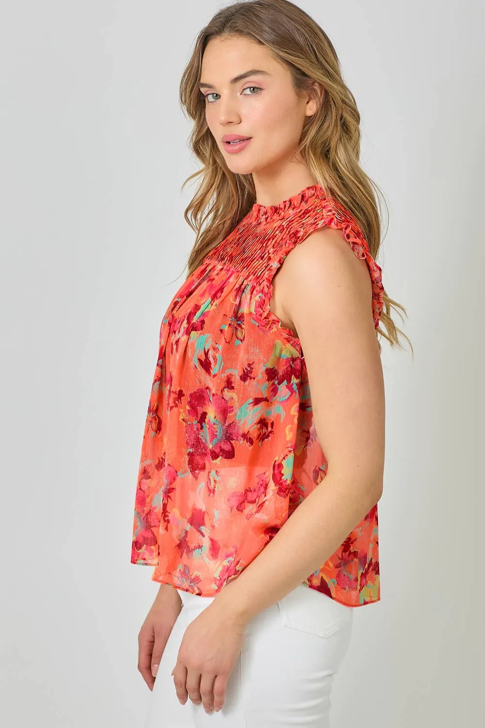 Sleeveless Ruffled Floral Print Top: Tomato
