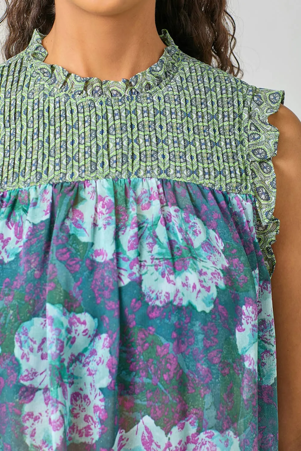 Sleeveless Ruffled Floral Print Top: Tomato