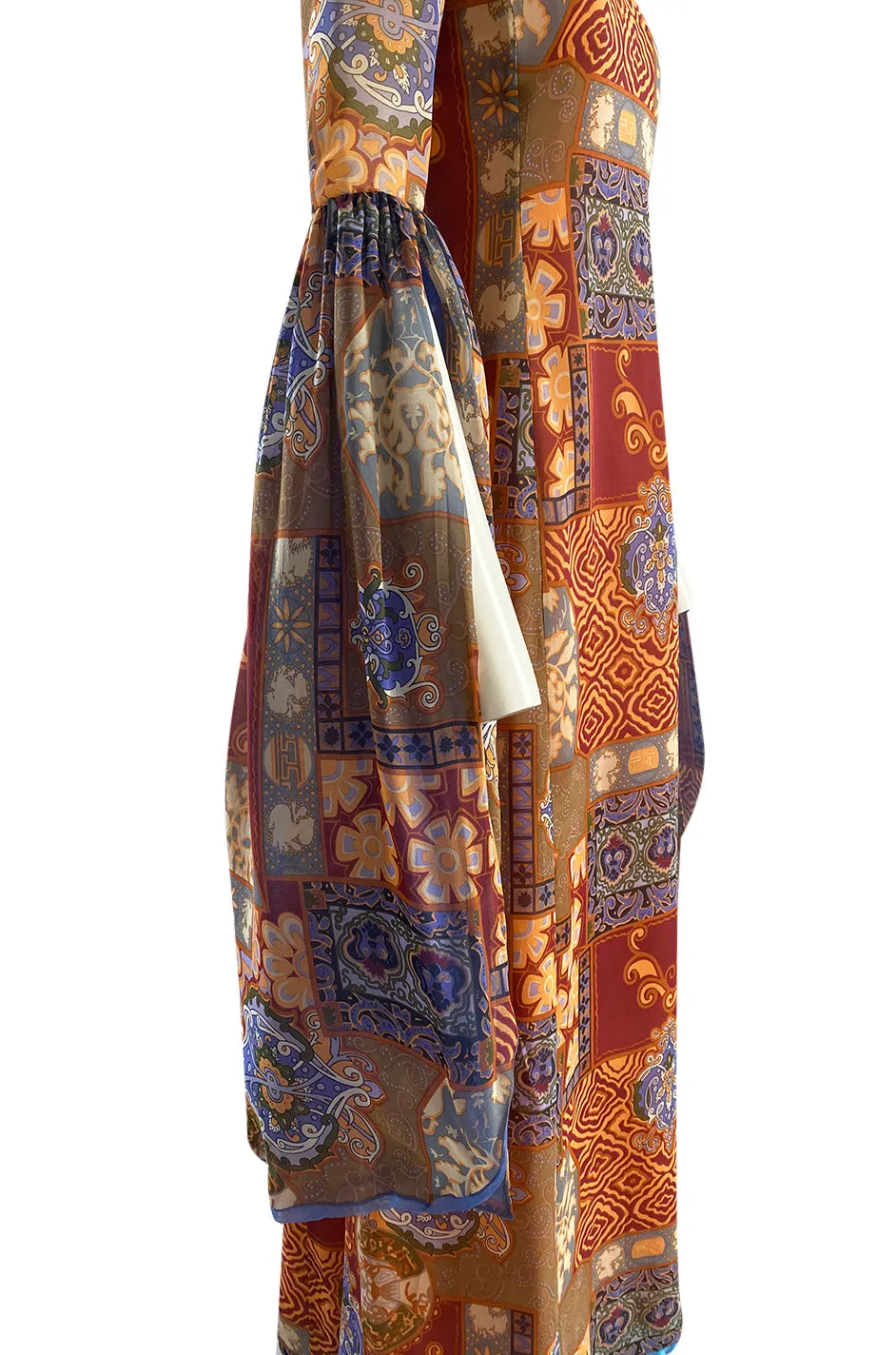 Spectacular 1960s Tina Leser Original  Printed Silk Voile Extra Long Angel Sleeve Dress