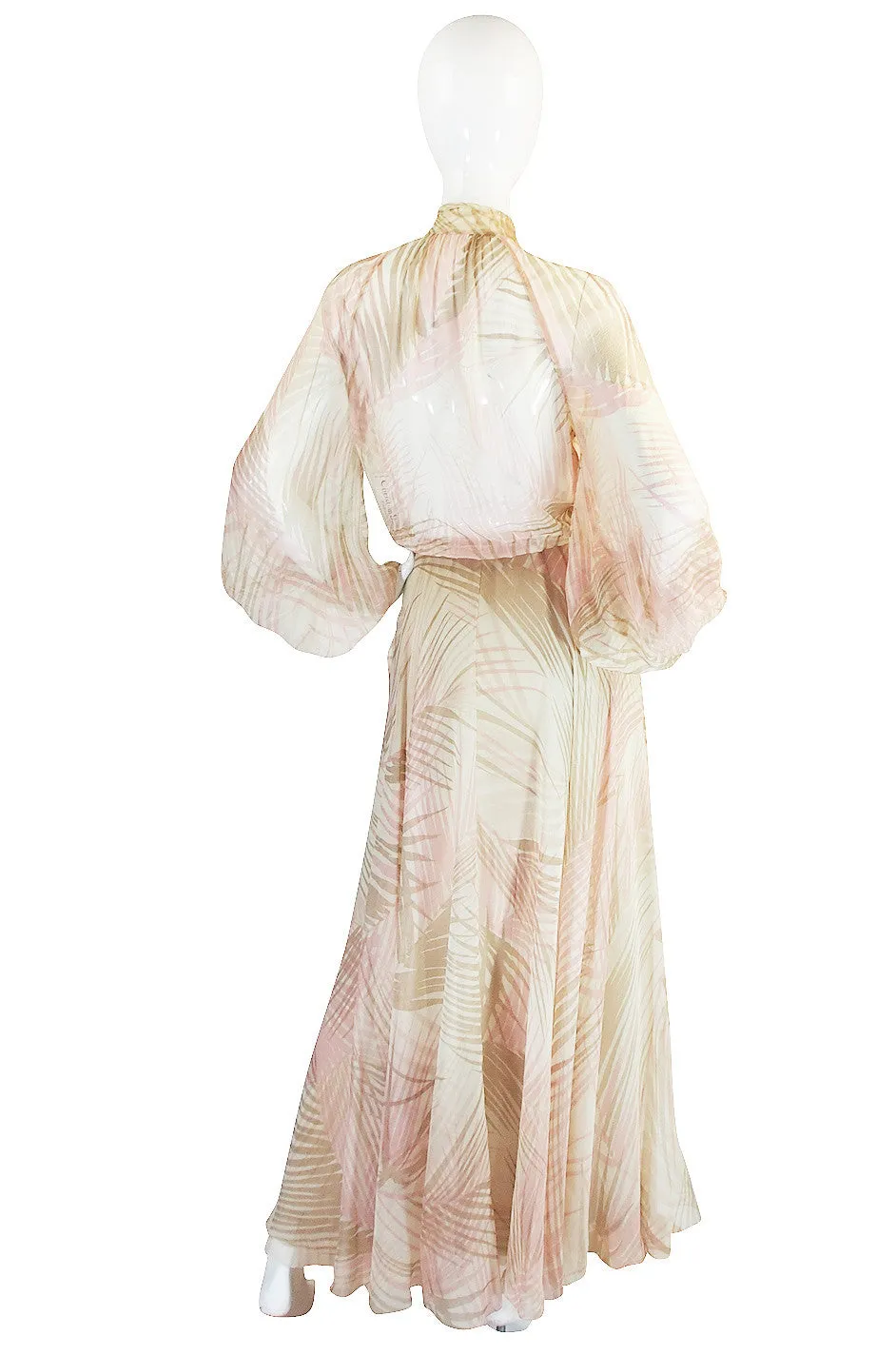 S/S 1974 Christian Dior by Marc Bohan Haute Couture Palm Print Silk Plunge Dress