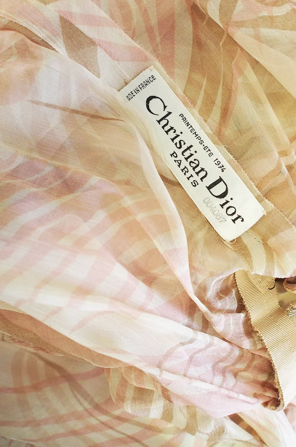 S/S 1974 Christian Dior by Marc Bohan Haute Couture Palm Print Silk Plunge Dress