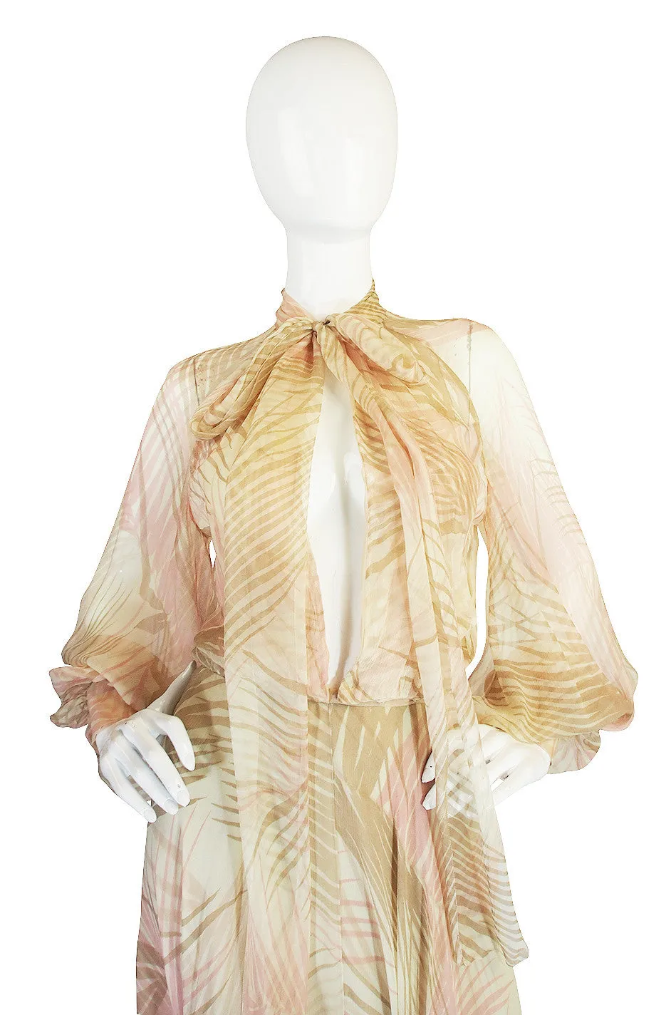 S/S 1974 Christian Dior by Marc Bohan Haute Couture Palm Print Silk Plunge Dress