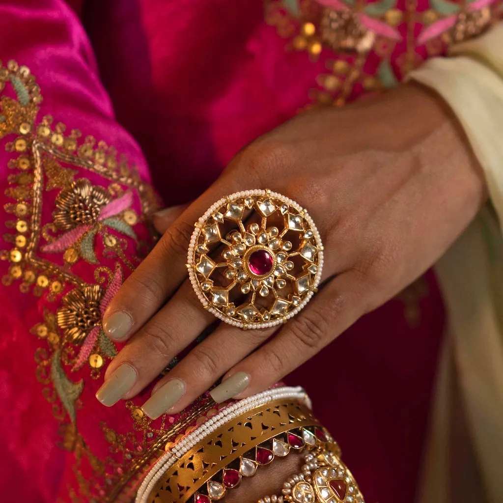 Statement Kundan Gold Polish Silver Ring