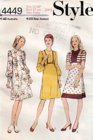 Style 4449 Misses Petite Empire Waist Dress 1970s Vintage Sewing Pattern Size 12 MP Bust 34 inches