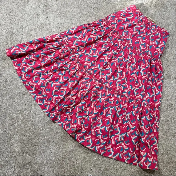 Sundance Iberia Maxi Skirt Ruffled Tiered Cotton Bohemian Pink Geometric Print S