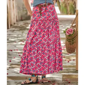 Sundance Iberia Maxi Skirt Ruffled Tiered Cotton Bohemian Pink Geometric Print S