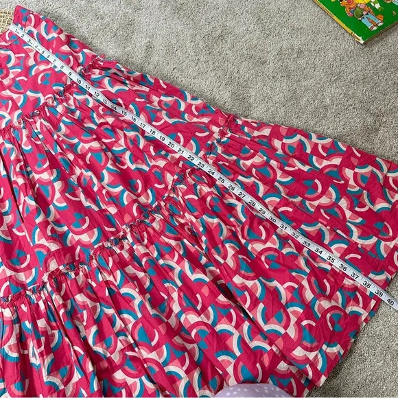 Sundance Iberia Maxi Skirt Ruffled Tiered Cotton Bohemian Pink Geometric Print S