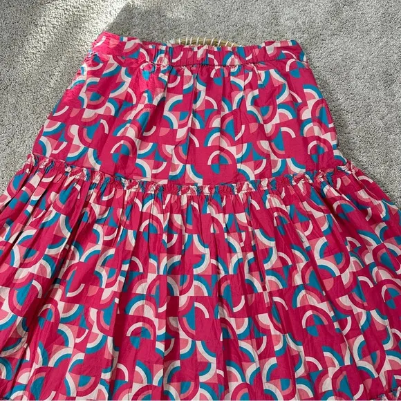 Sundance Iberia Maxi Skirt Ruffled Tiered Cotton Bohemian Pink Geometric Print S