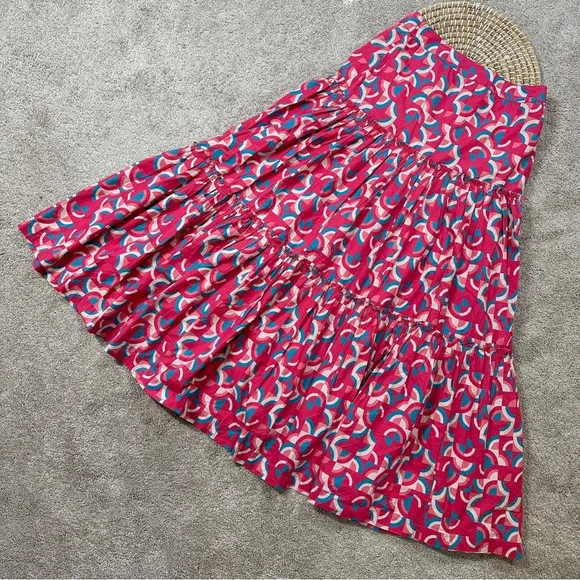 Sundance Iberia Maxi Skirt Ruffled Tiered Cotton Bohemian Pink Geometric Print S