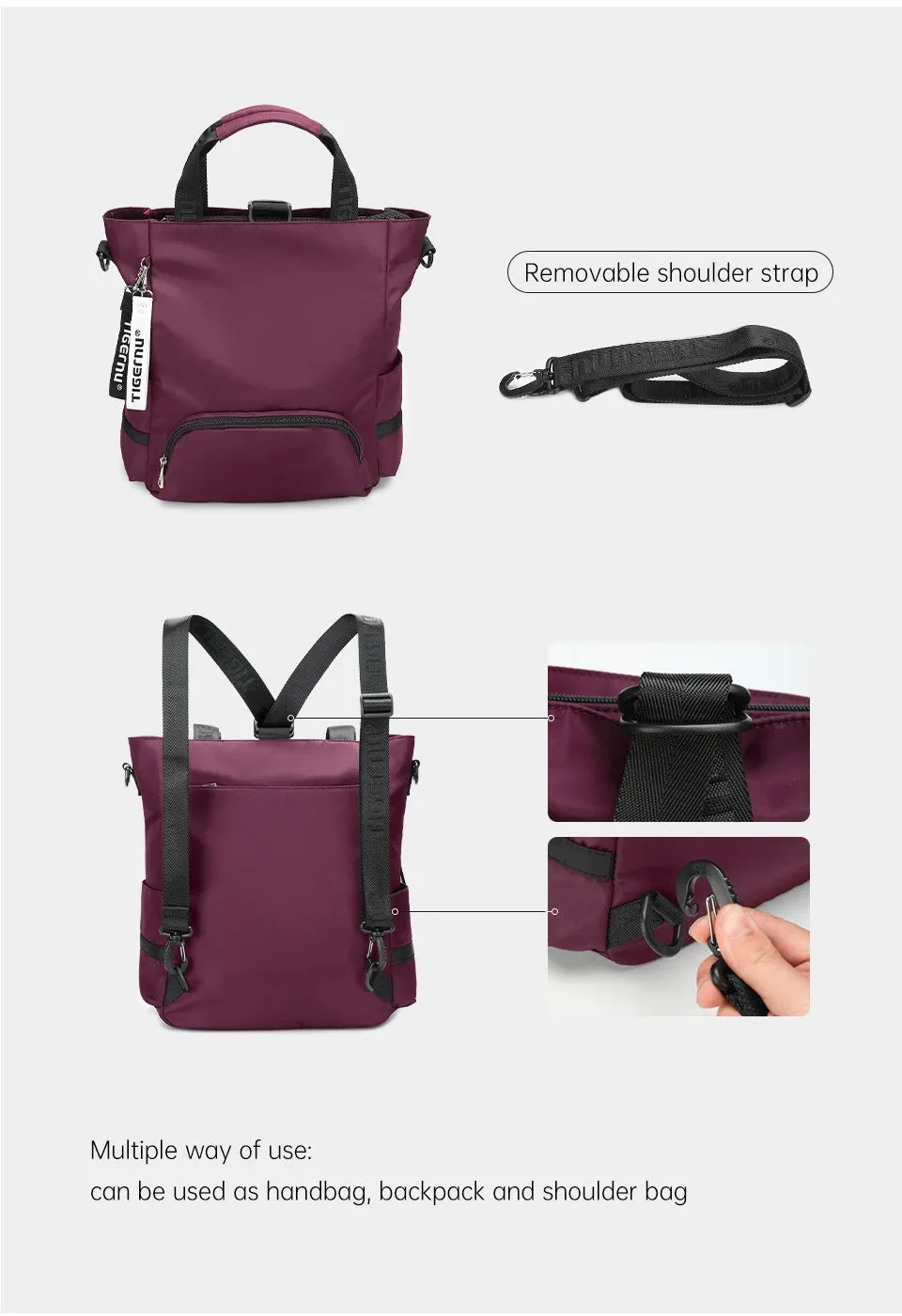 Tigernu Fashion 3 In1 Women Backpack Bag Leisure Tote Bag Shoulder Bag Light Weight College High School Bag Girls Handbag Female