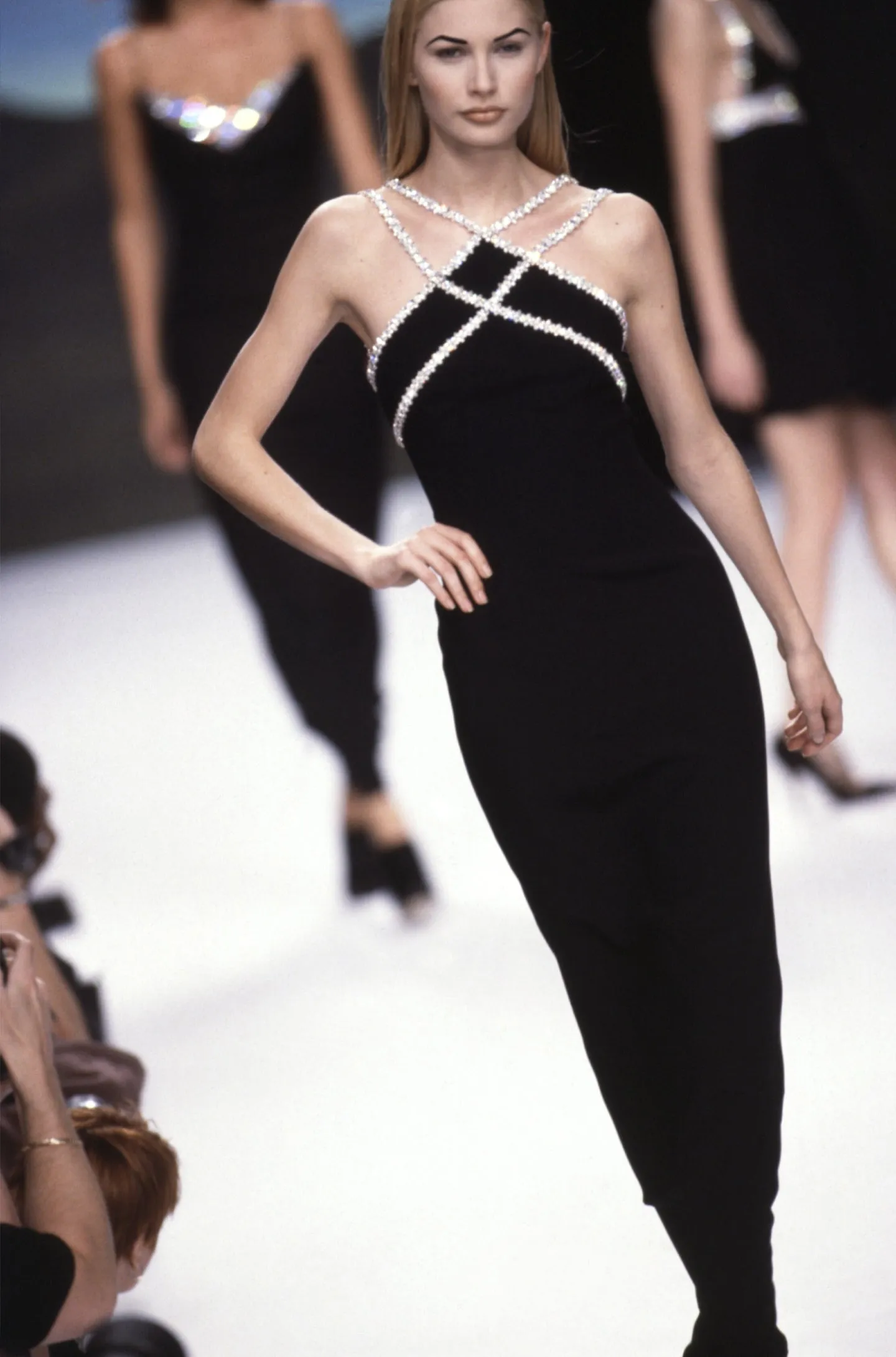 Todd Oldham Fall 1995 Runway Black Silk Dress w Large Crystal Detailing - 12.5-13.5" W