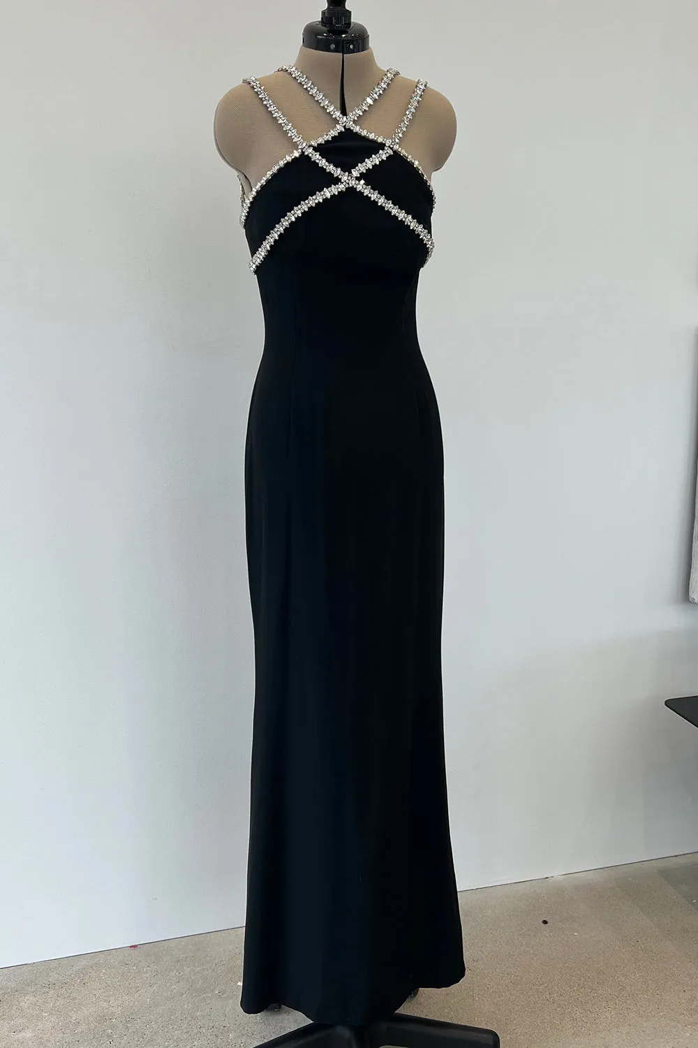 Todd Oldham Fall 1995 Runway Black Silk Dress w Large Crystal Detailing - 12.5-13.5" W