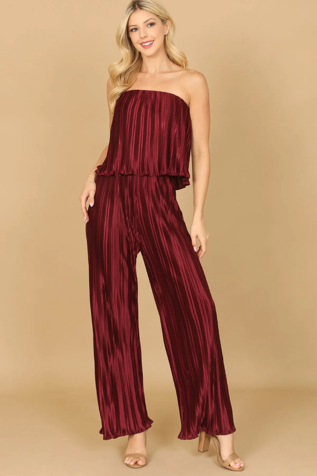 TUBE RUFFLE PLEATED SATINY JUMPSUIT
