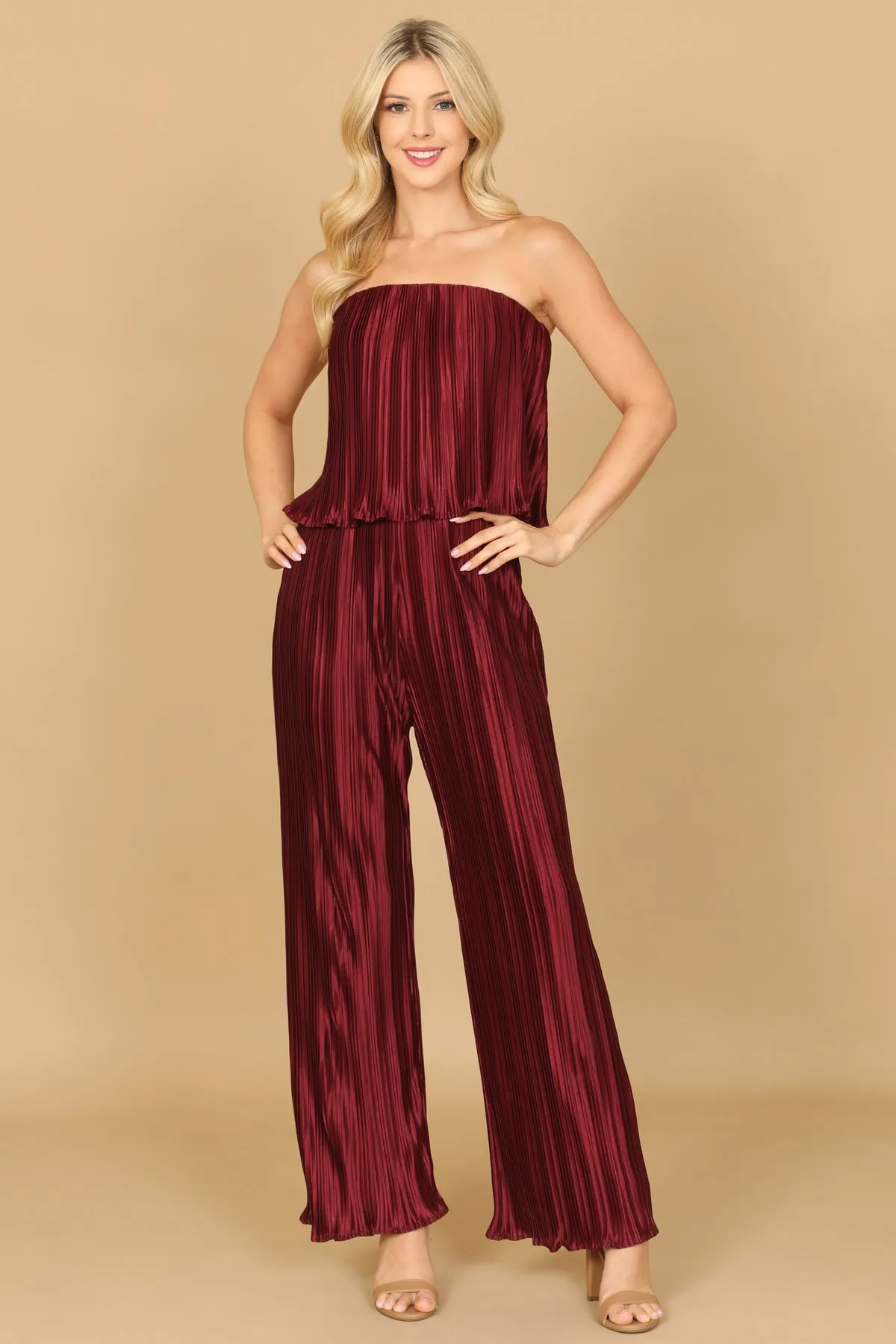 TUBE RUFFLE PLEATED SATINY JUMPSUIT