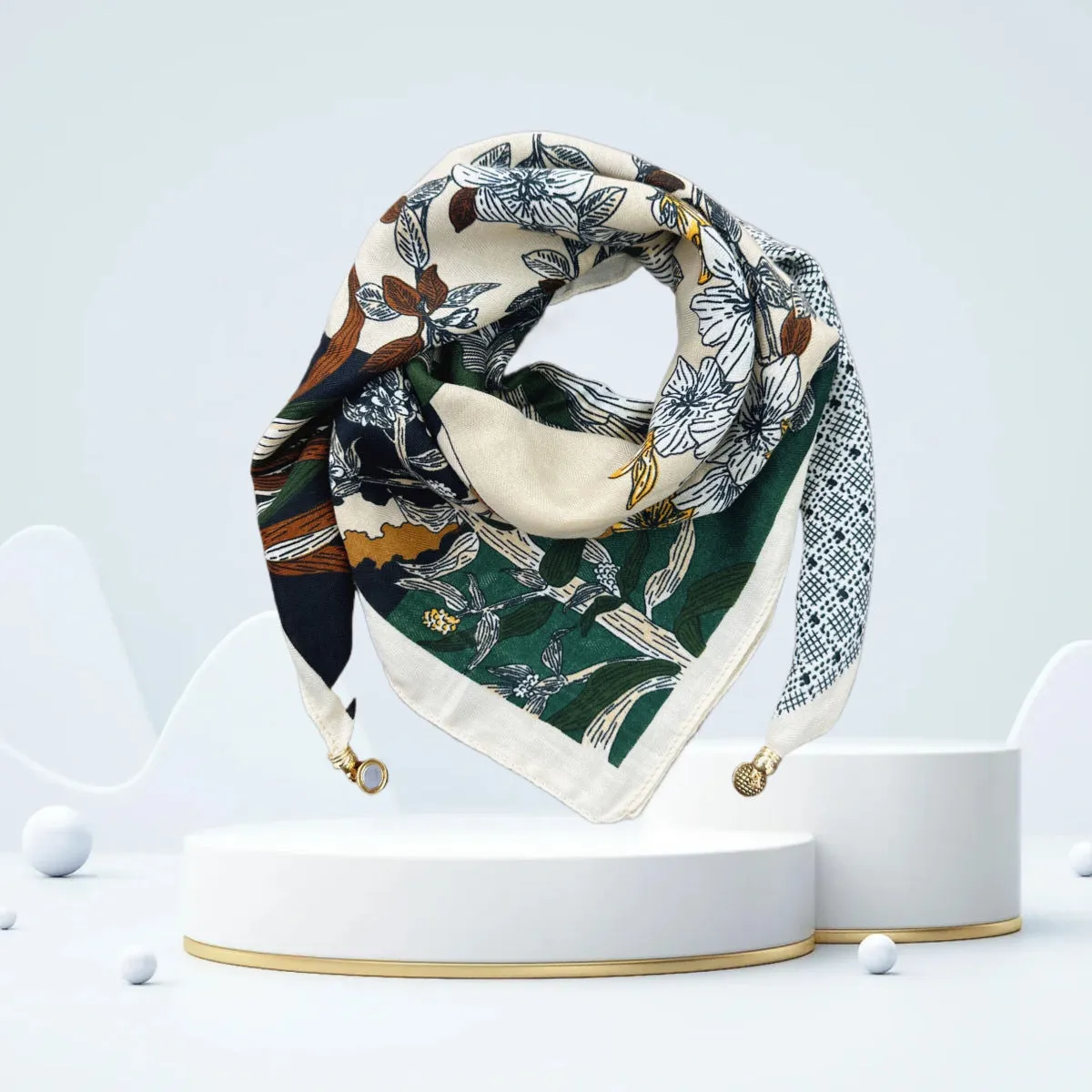 Vintage Print Magnetic Buckle Triangle Scarf – Elegant Lightweight Neck Scarf