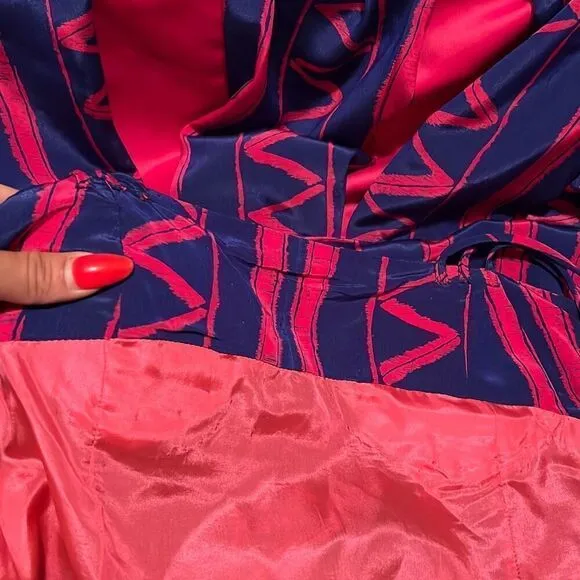 Vintage Women's Pink &amp; Blue Striped Zigzag Spaghetti Strap Pleated Dress