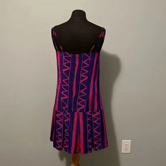 Vintage Women's Pink &amp; Blue Striped Zigzag Spaghetti Strap Pleated Dress