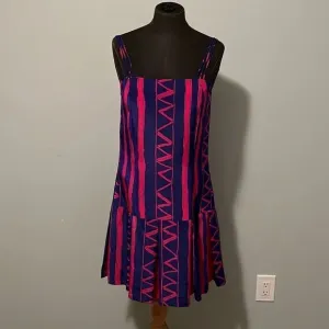 Vintage Women's Pink &amp; Blue Striped Zigzag Spaghetti Strap Pleated Dress