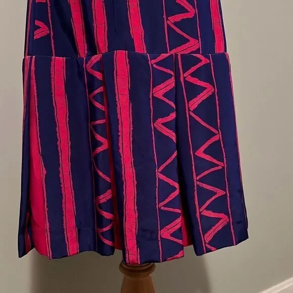 Vintage Women's Pink &amp; Blue Striped Zigzag Spaghetti Strap Pleated Dress