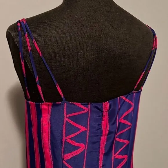 Vintage Women's Pink &amp; Blue Striped Zigzag Spaghetti Strap Pleated Dress
