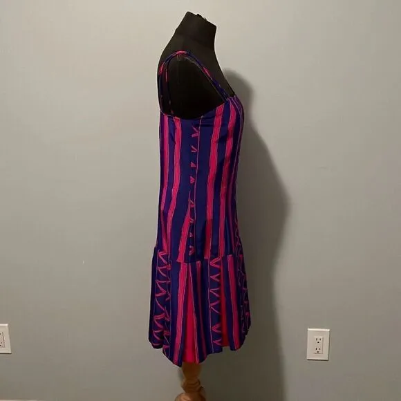 Vintage Women's Pink &amp; Blue Striped Zigzag Spaghetti Strap Pleated Dress
