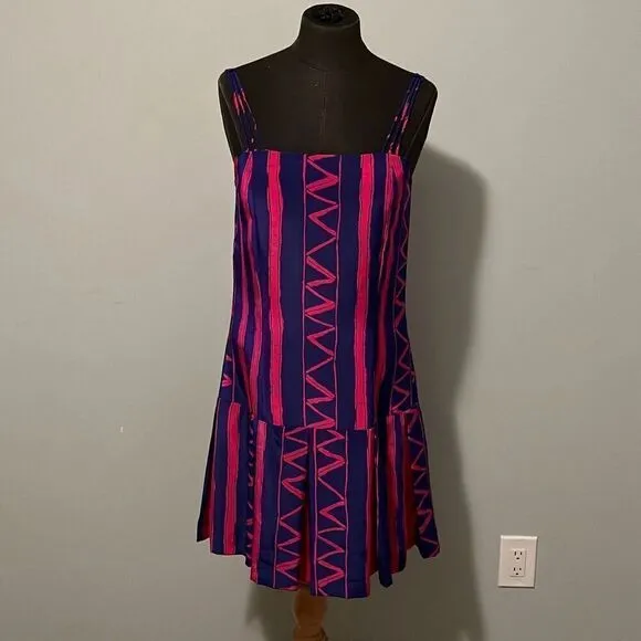 Vintage Women's Pink &amp; Blue Striped Zigzag Spaghetti Strap Pleated Dress
