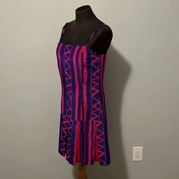 Vintage Women's Pink &amp; Blue Striped Zigzag Spaghetti Strap Pleated Dress