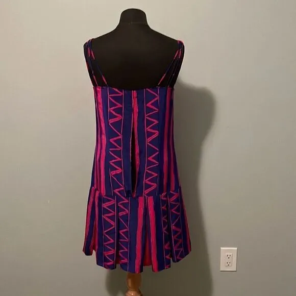 Vintage Women's Pink &amp; Blue Striped Zigzag Spaghetti Strap Pleated Dress