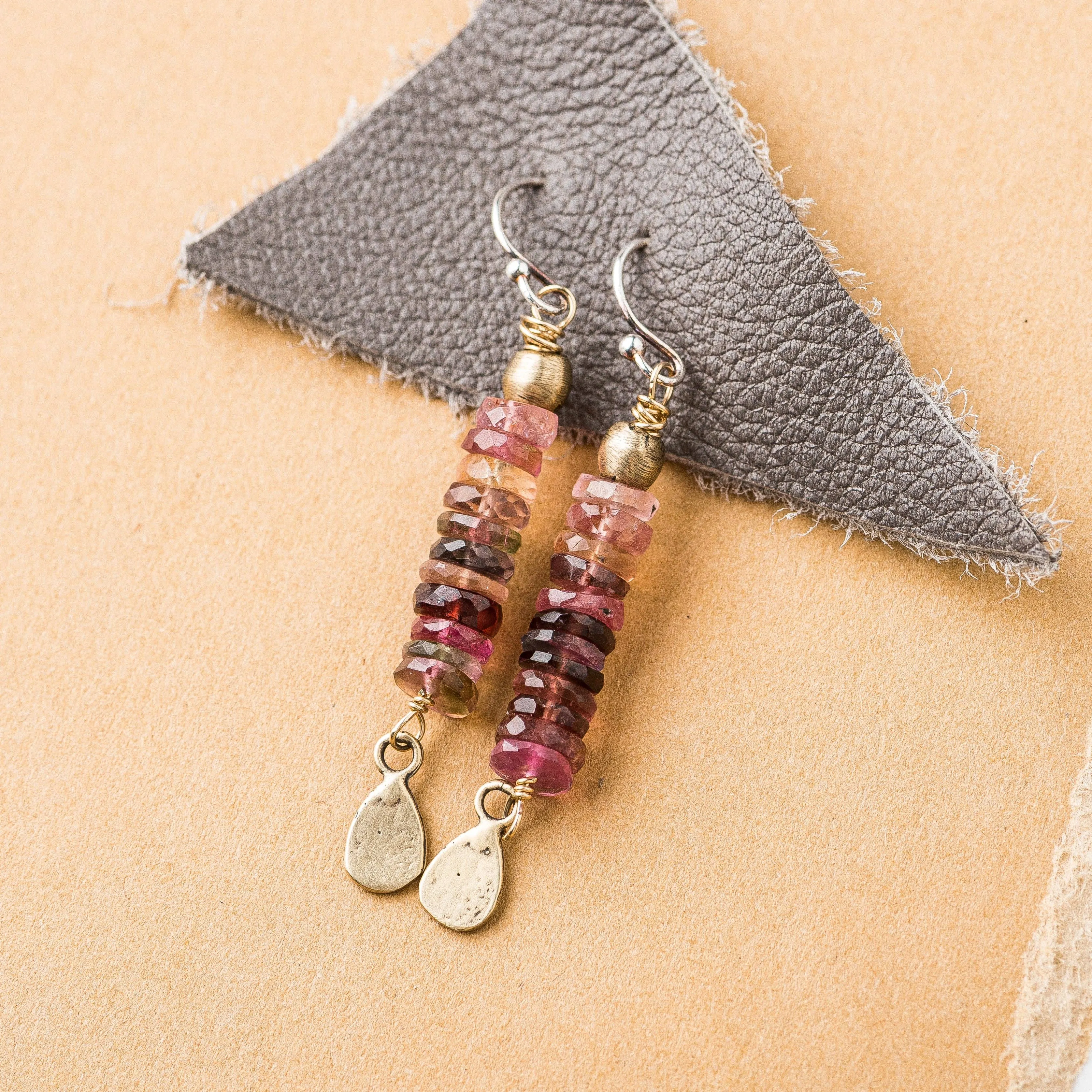 Watermelon Tourmaline, Yellow Bronze Stack Earrings
