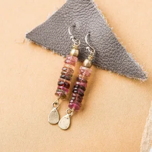 Watermelon Tourmaline, Yellow Bronze Stack Earrings