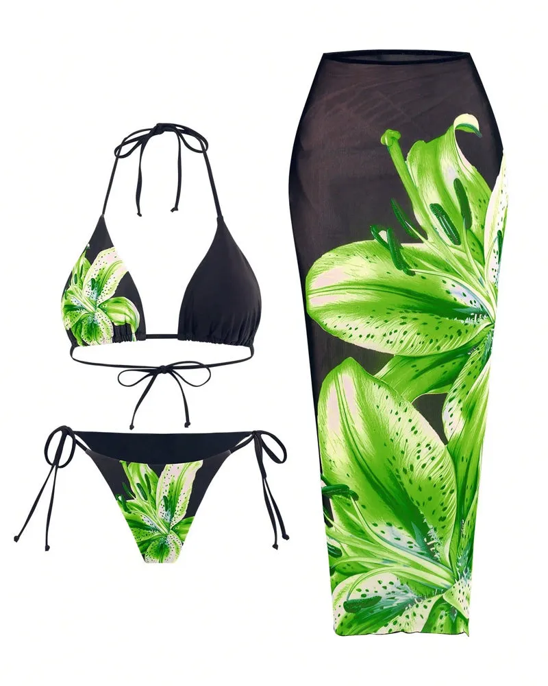 Women's Bikini Sets Floral Print Halter Tie Back Swimsuit with Cover Up Skirt