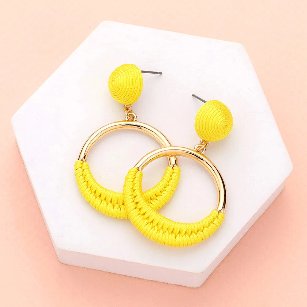 Yellow Thread Wrapped Open Circle Fun Fashion Earrings | Headshot Earrings | Runway Earrings |  612247